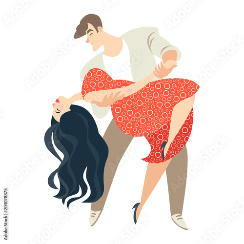 Cute cartoon couple dancing salsa. Cuban dance. Isolated vector illustration on white background