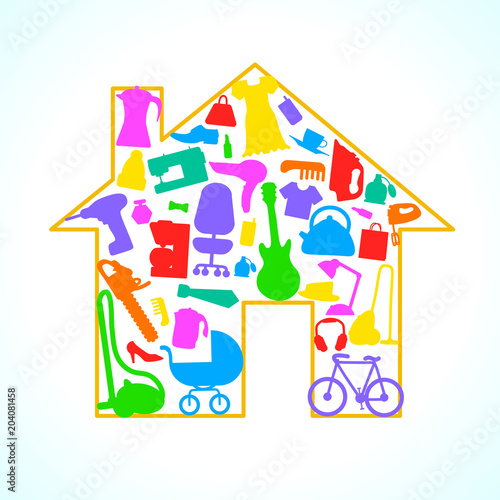 Houses items Appliances Icon set in house silhouette background illustration.