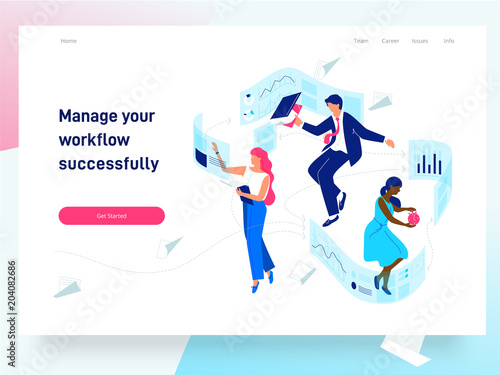 People flying and interacting with graphs and papers. Business and workflow management. Landing page template, vector isometric illustration.