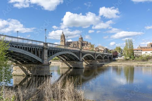 Puente de hierro y Catedrales de Salamanca desde la orilla del rio Tormes 