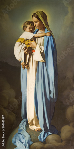 REGGIO EMILIA WŁOCHY, KWIECIEŃ, - 12, 2018: Obraz madonna z dzieckiem w kościelnym kościół Cappuchini Padre Angelico da Villarotta (1939).