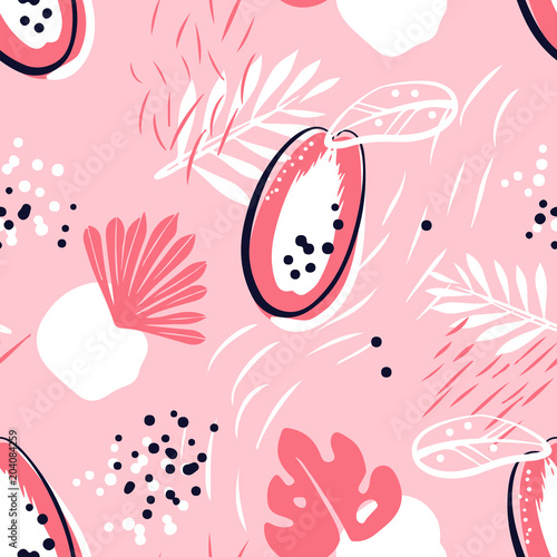 Abstract pattern with papaya and tropical plants on pink background. Ornament for textile and wrapping. Vector.