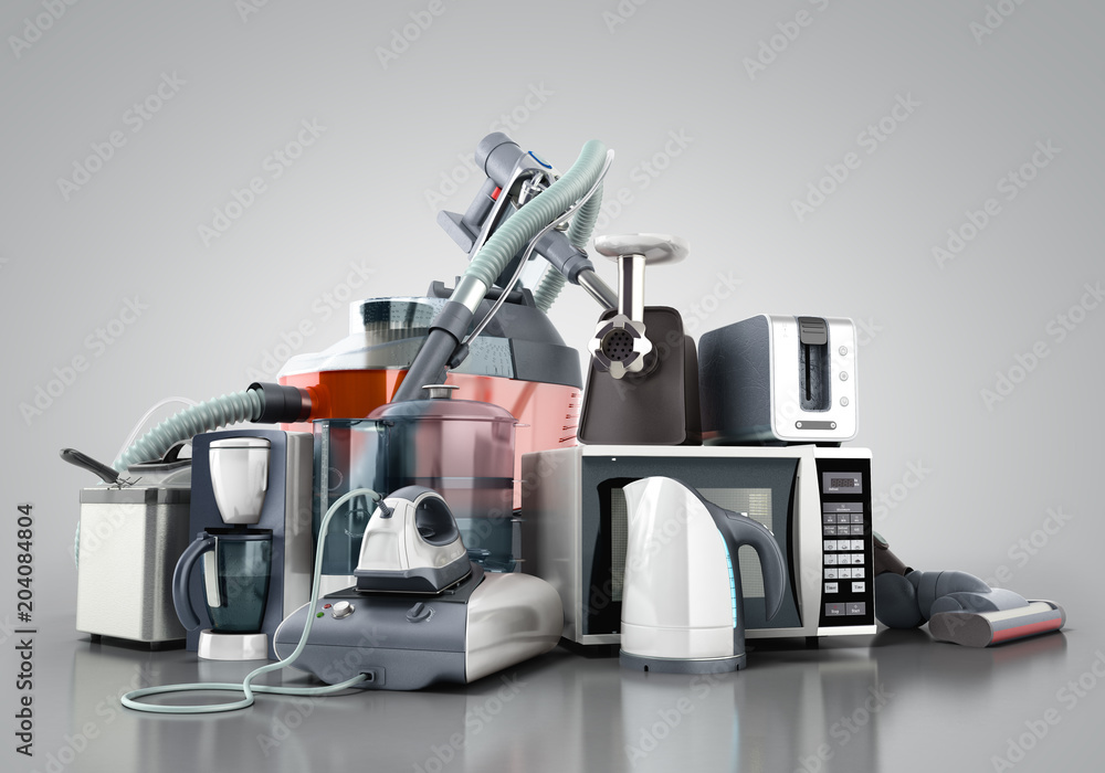 Home appliances Group of vacuum cleaner microwave iron coffee maker steam kettle toaster meat grinder on grey background 3d Home appliances Group of vacuum cleaner microwave iron coffee maker steam kettle toaster meat grinder on grey background 3d