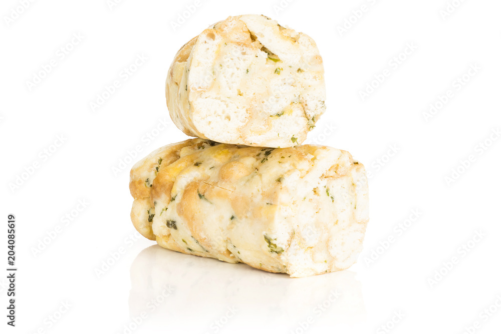 Calsbad bread dumpling two sliced fresh steamed halves isolated on white background. Calsbad bread dumpling two sliced fresh steamed halves isolated on white background.