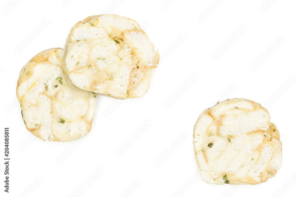 Calsbad bread dumpling top view isolated on white background three slices fresh steamed. Calsbad bread dumpling top view isolated on white background three slices fresh steamed.