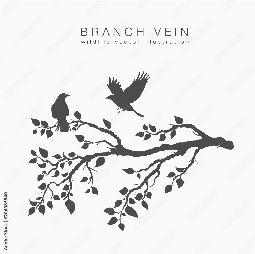 Fototapeta premium flock of flying birds on tree branch with leafs