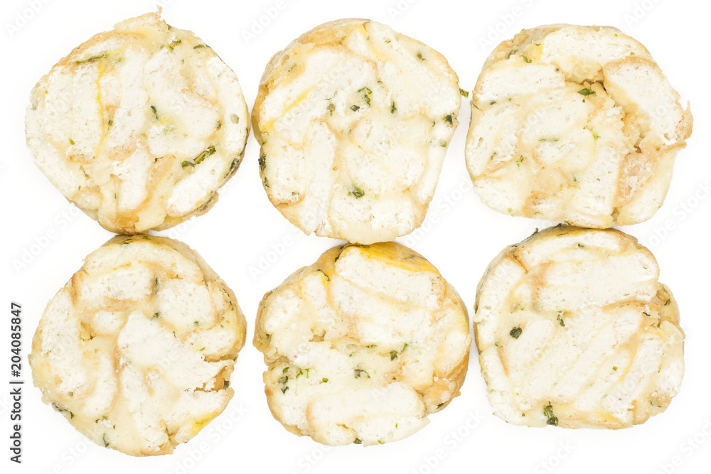 Calsbad bread dumpling top view isolated on white background six slices collection fresh steamed. Calsbad bread dumpling top view isolated on white background six slices collection fresh steamed.