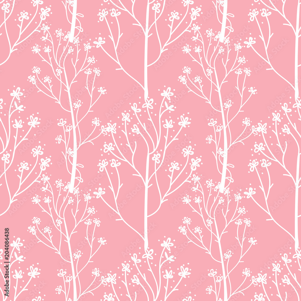 Vector White hand drawn flower sprigs. Cute wedding pink trend seamless pattern.