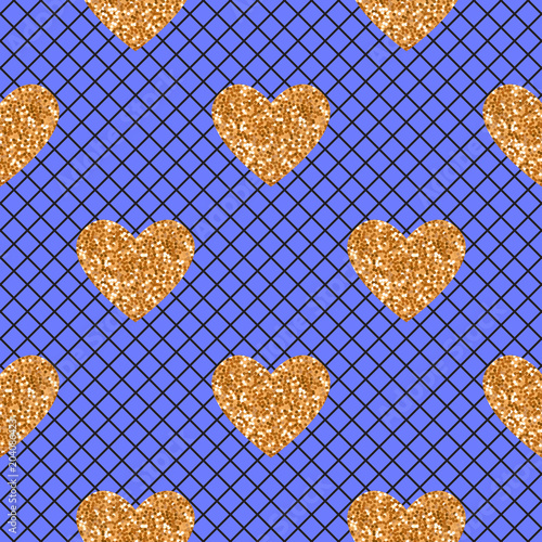 Vector Abstract seamless blue pattern with black fishnet tights and gold glitter heart.