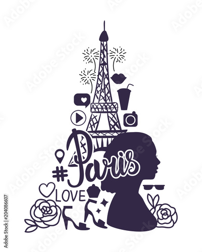 Vector Shopping in Paris. Eiffel Tower hand drawing.