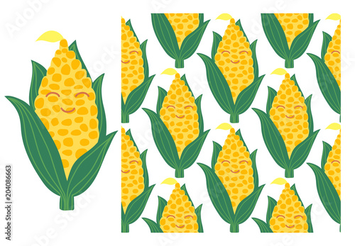 Vector Set of corn cobs and seamless pattern.