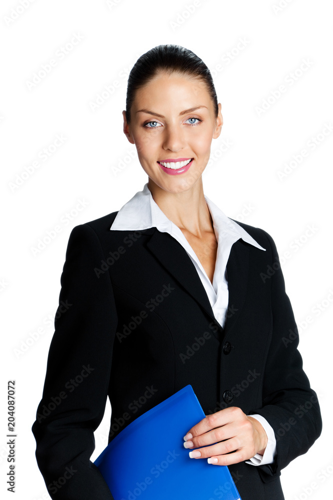 Portrait of smiling business woman with blue folder, isolated on white background Portrait of smiling business woman with blue folder, isolated on white background