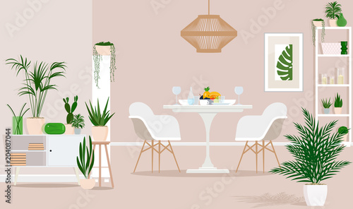 Light dining room in eco-style. Table, shelves, flowers, decor. Vector flat illustration.