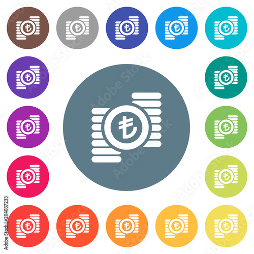 Turkish Lira coins flat white icons on round color backgrounds