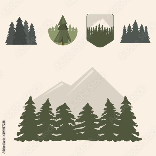 Tree outdoor travel pine silhouette coniferous natural tops pine spruce branch cedar plant leaf stem drawing vector illustration.