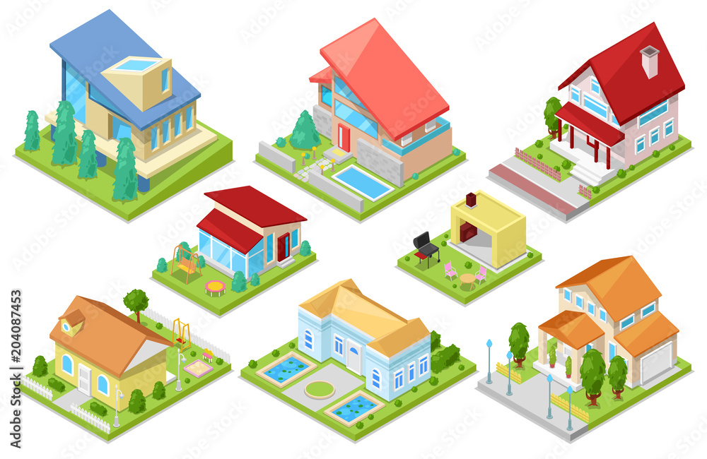 House vector isometric housing architecture or residential home illustration set of housekeeping building exterior or cottage construction isolated on white background House vector isometric housing architecture or residential home illustration set of housekeeping building exterior or cottage construction isolated on white background