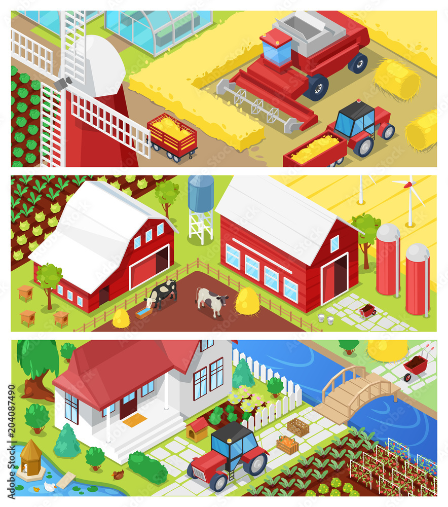Farm vector farming agriculture in fields and farmhouse illustration ...