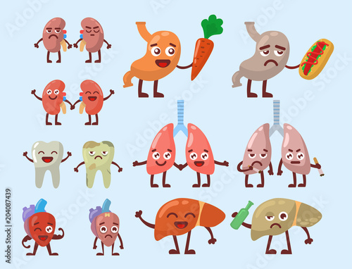 Human organs healthy and unhealthy anatomic funny cartoon character pairs vector.