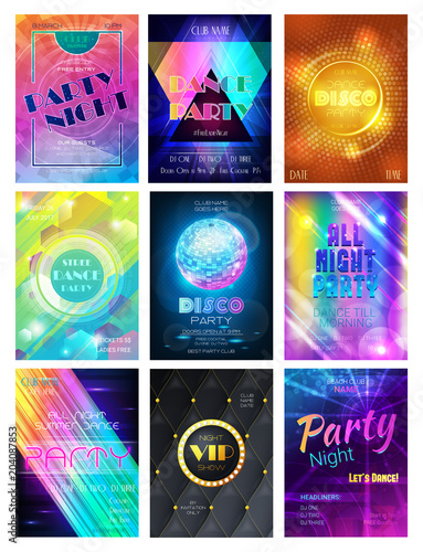 Party vector pattern disco club or nightclub poster background and night clubbing or nightlife backdrop illustration set of dancing and glittering discoball template