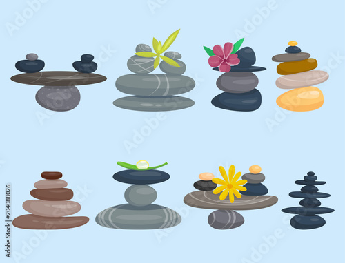 Pyramid from sea pebble relax heap stones healthy wellness black massage meditation natural tool spa balance therapy zen vector illustration.