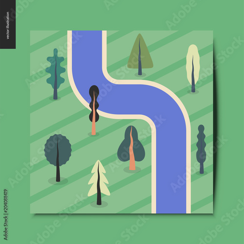 Simple things - top view, satellite shoot of a river with trees on a field around, summer postcard, flat cartoon vector illustration