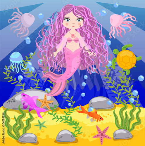 Vector background with an underwater world in a children s style. A mermaid is sitting on a rock. Wooden chest with gold on the bottom of the sea. Seabed in a cartoon style.