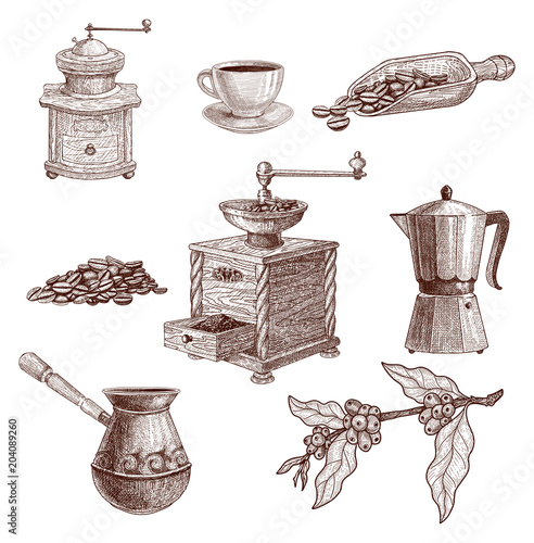 Set of coffee grinder, teapot, coffee beans and cup.