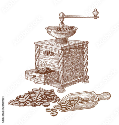 Hand drawn coffee grinder and coffee beans.