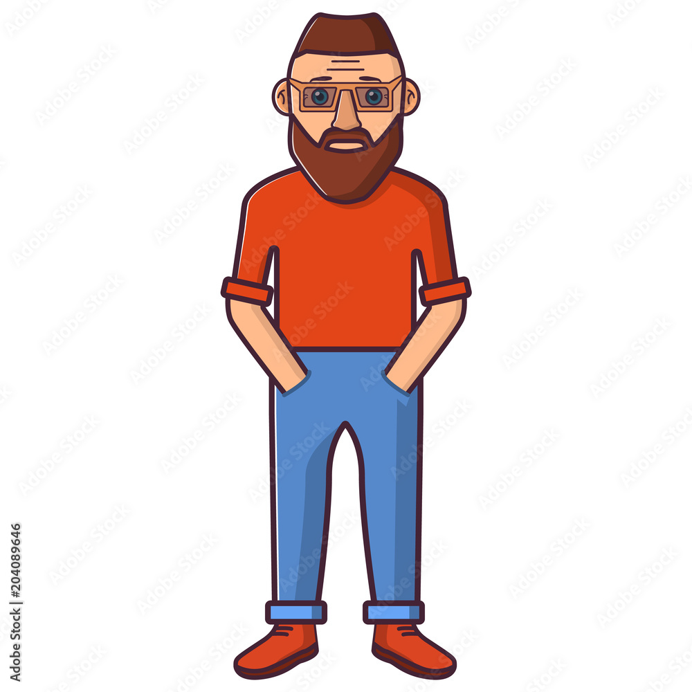 Young happy man in a t-shirt and in trousers and sneakers.The person in casual clothes in line art flat vector. Hipster funny cartoon guy.Character portrait avatar isolated white background.
