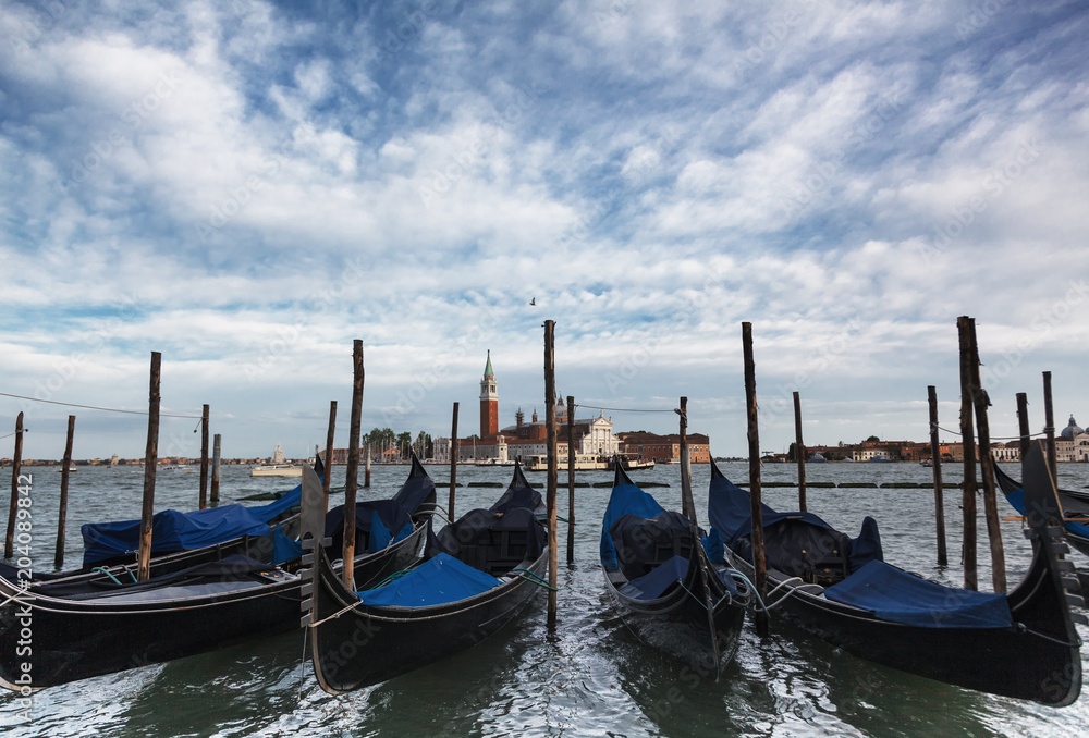 Traditional Gondolas in St Marco or Saint Mark's square in Venice