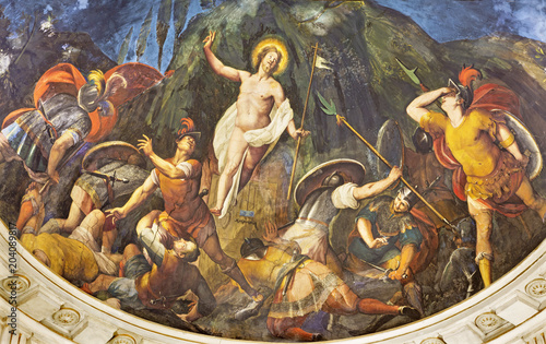 REGGIO EMILIA, ITALY - APRIL 13, 2018: The fresco of Resurrection in apse of church chiesa di San Giovanni Evangelista by Paolo Guidotti (1613).
