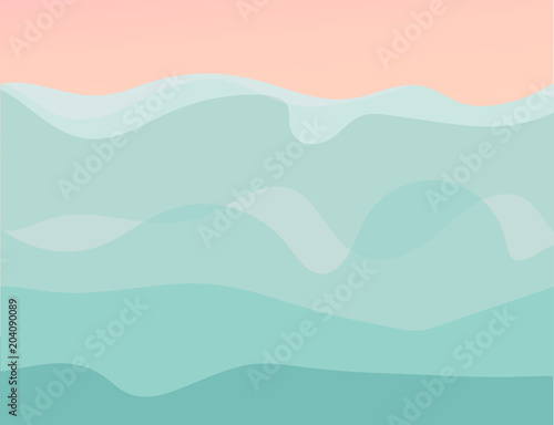 Hand drawn vector abstract cartoon summer time graphic illustrations template background with sea waves blue beach,pink sundown sunset and copy space place for your text