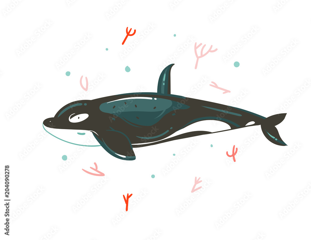 Hand drawn vector abstract cartoon graphic summer time underwater illustrations with coral reefs and beauty big killer whale character isolated on white background