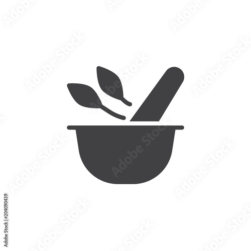 Mortar and pestle with herbal leaf vector icon. filled flat sign for mobile concept and web design. Pharmacy and alternative medicine simple solid icon. Symbol, logo illustration. Vector graphics