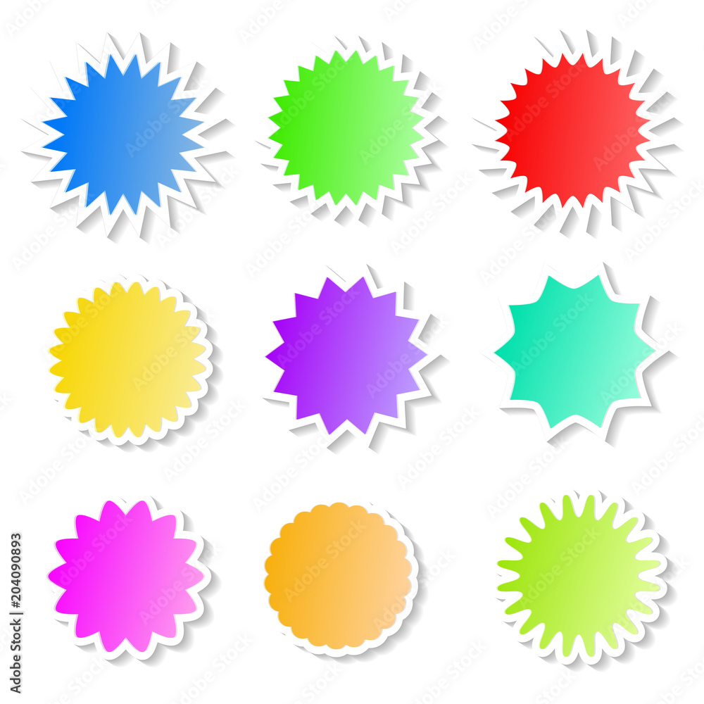 Starburst color speech bubbles with shadow on white, stock vector illustration Starburst color speech bubbles with shadow on white, stock vector illustration