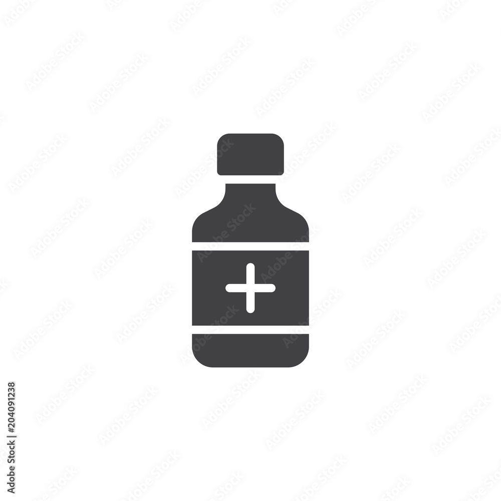 Pills bottle vector icon. filled flat sign for mobile concept and web design. Medical drug with cross simple solid icon. Symbol, logo illustration. Pixel perfect vector graphics