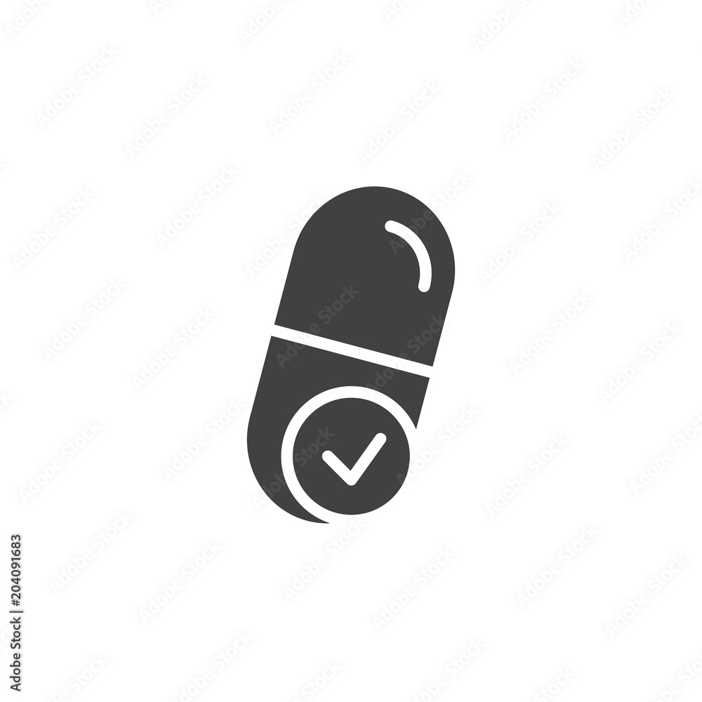 Medicine capsule with check vector icon. filled flat sign for mobile concept and web design. Add drug simple solid icon. Symbol, logo illustration. Pixel perfect vector graphics Medicine capsule with check vector icon. filled flat sign for mobile concept and web design. Add drug simple solid icon. Symbol, logo illustration. Pixel perfect vector graphics