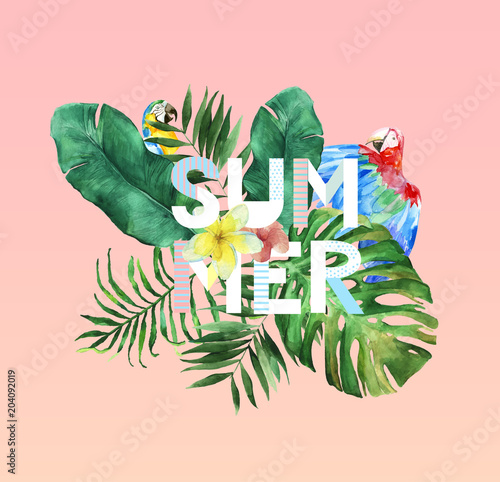 Exotic summer composition watercolor template with green leaves, parrot and typography concept "Summer". Vector hand drawn illustration