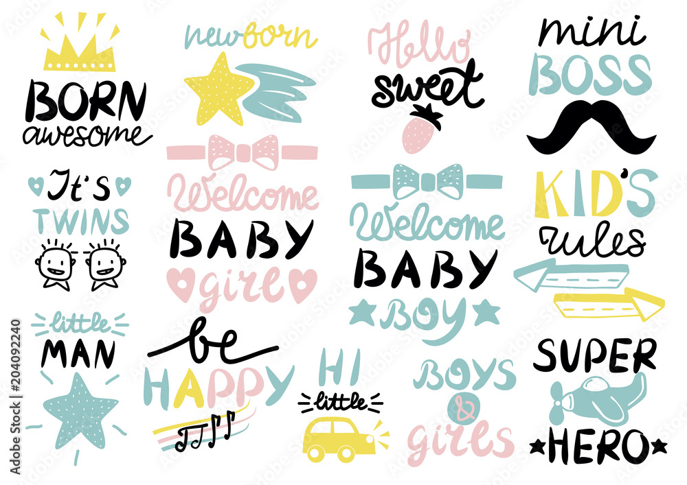 13 children s logo with handwriting Born awesome, Welcome baby, Kids rules, Girls and Boys, Be happy, Newborn, Mini boss, Super hero, Little man, It s twins. 13 children s logo with handwriting Born awesome, Welcome baby, Kids rules, Girls and Boys, Be happy, Newborn, Mini boss, Super hero, Little man, It s twins.