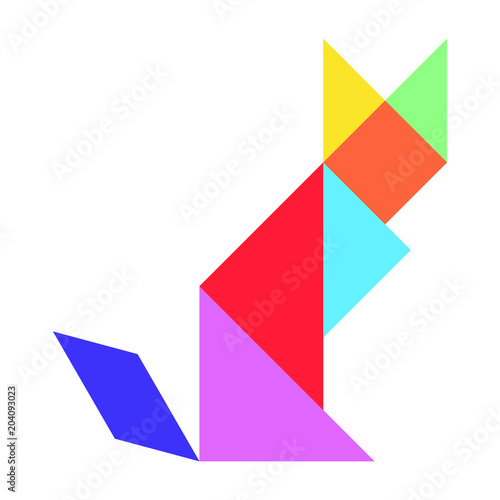 Colorful tangram puzzle in cat shape on white background (vector)