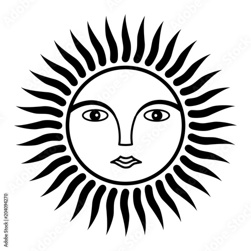 The sun is the image of man. Face in halo of rays. Black and white symbol. Vector graphics