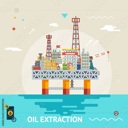 Oil production offshore platform colloquially rig mineral ocean sea extraction flat design vector illustration
