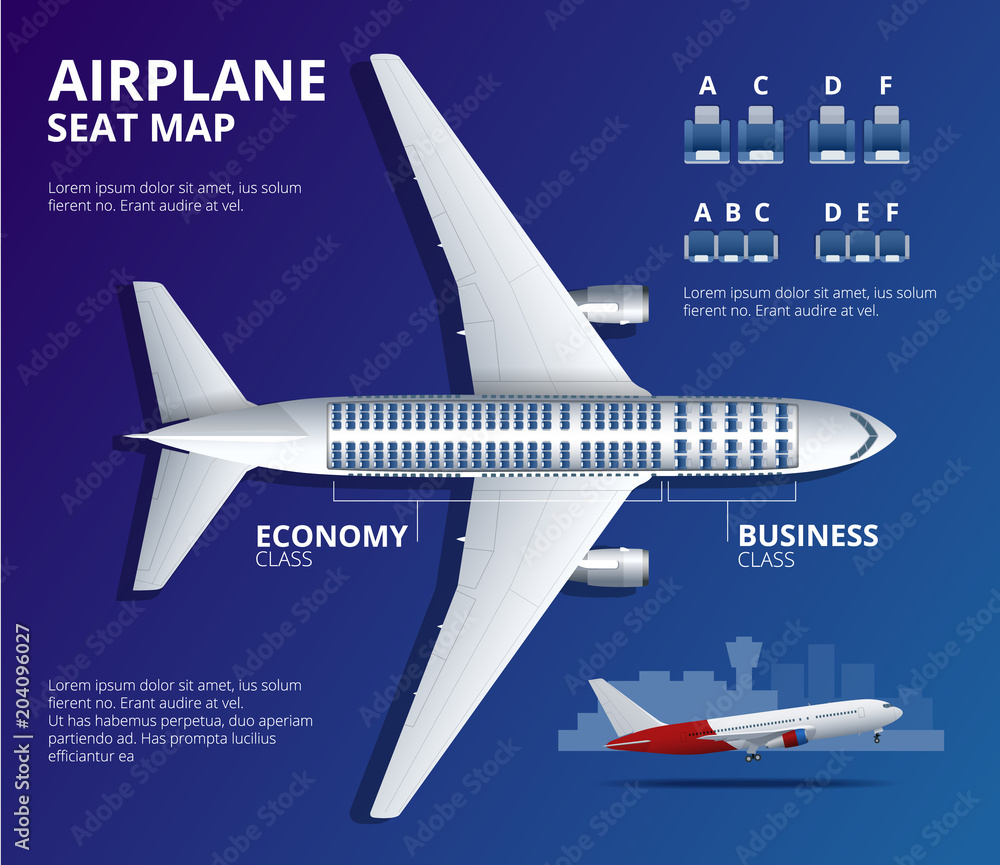 Chart airplane seat, plan, of aircraft passenger. Aircraft seats plan top  view. Business and economy classes airplane indoor information map. Vector  illustration of Plane Stock Vector | Adobe Stock