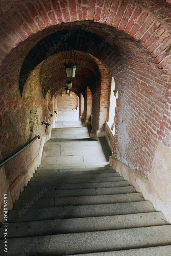 brick tunnel with a staircase leading down.