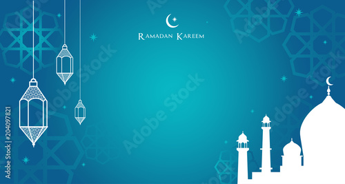 Night view of the Arabic lantern and mosque, Ramadan Kareem background Vector illustration.