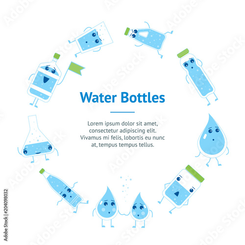Cartoon Water Funny Emotions Bottle Banner Card Circle. Vector