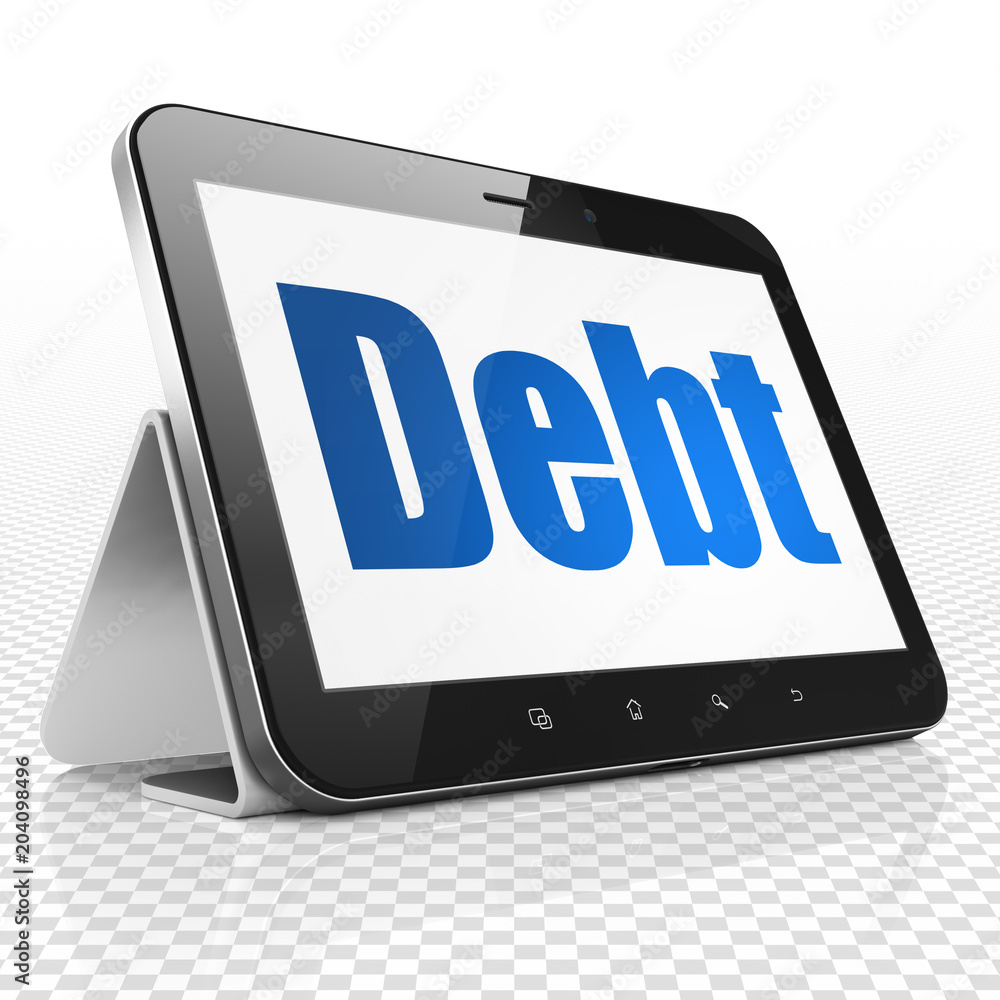 Finance concept: Tablet Computer with blue text Debt on display, 3D rendering Finance concept: Tablet Computer with blue text Debt on display, 3D rendering