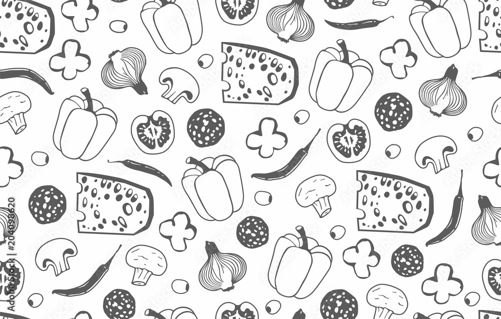 Seamless pattern with the ingredients for pizza isolated on white background Seamless pattern with the ingredients for pizza isolated on white background