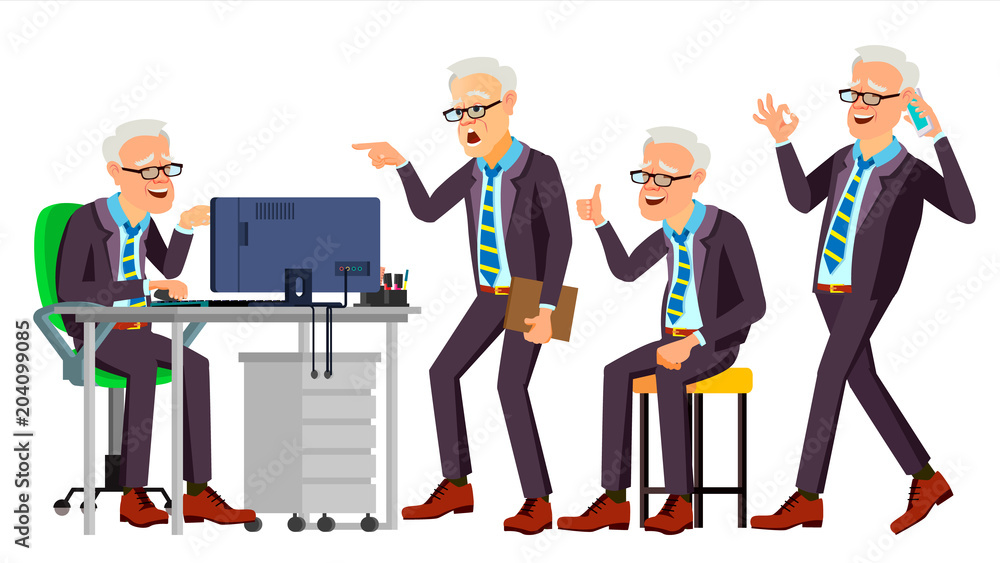 Old Office Worker Vector. Face Emotions, Various Gestures. Businessman Person. Smiling Executive, Servant, Workman, Officer. Isolated Character Illustration Old Office Worker Vector. Face Emotions, Various Gestures. Businessman Person. Smiling Executive, Servant, Workman, Officer. Isolated Character Illustration