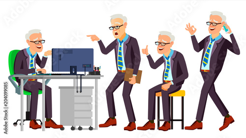 Old Office Worker Vector. Face Emotions, Various Gestures. Businessman Person. Smiling Executive, Servant, Workman, Officer. Isolated Character Illustration